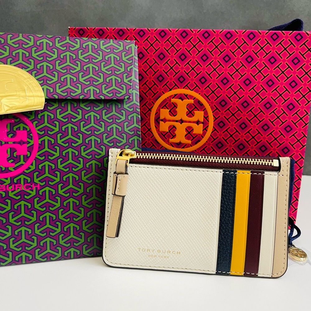 Tory Burch Perry Color Block Top Zip Leather Card Case Wallet Brand New